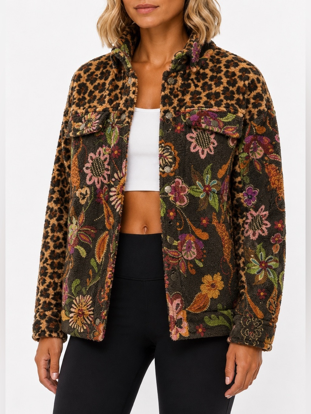 Johnny Was Amelie Sherpa Trucker Jacket Leopard & Floral Patchwork NEW sz MED